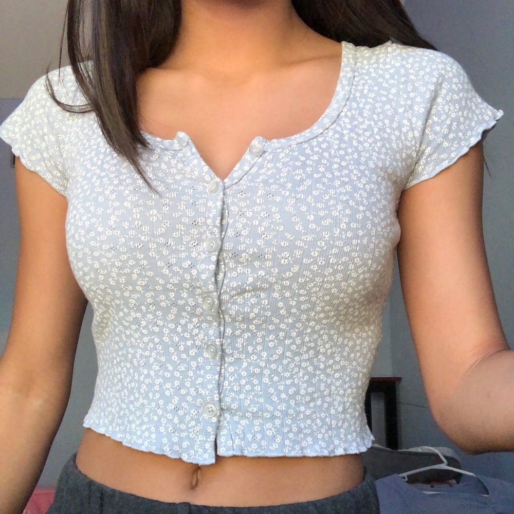 light blue floral brandy top
